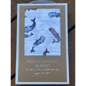 Boutique Mud Pie Blue Gray Whale Muslin Swaddle Blanket 47 X 47 New In Gift Box